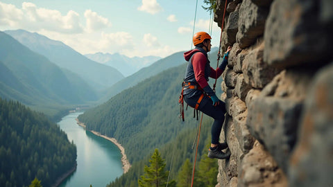 Person rappelling on a cliff with Floating Nylon Marine Rope With Hook, 9/16 Inch By 16 Feet, Purple, 9 KN Load