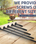 Six black carriage bolts on a wooden outdoor table, angled view.
