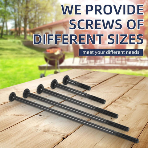 Six black carriage bolts on a wooden outdoor table, angled view.