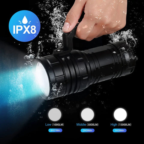 Diving Flashlight DL06 Max 15000 Lumen Scuba Light With 6 LEDs shown underwater, demonstrating IPX8 waterproof capability