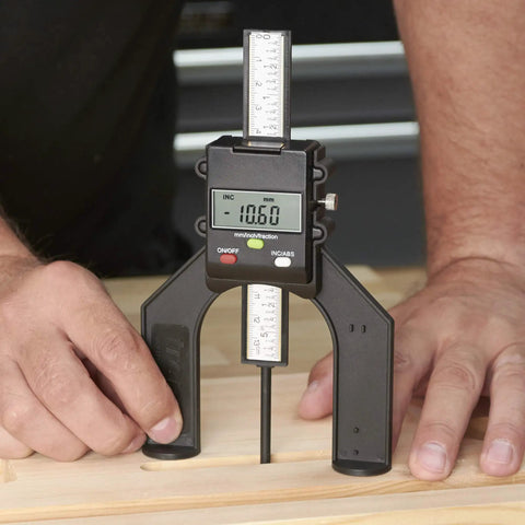 Pro Grade Digital Depth Gauge For Woodworking With 2 23/64 Inch Jaw Opening, Accurate To 0.003 Inch With 0.002 Inch Readout Increments For Precise Rebate And Groove Setup On Fences And Router Bases
