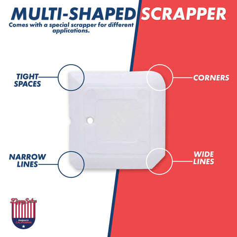 Multi-shaped scraper for tight spaces, narrow lines, corners, and wide lines with the Tile Grout Repair Kit And Paint Squeeze Tube.