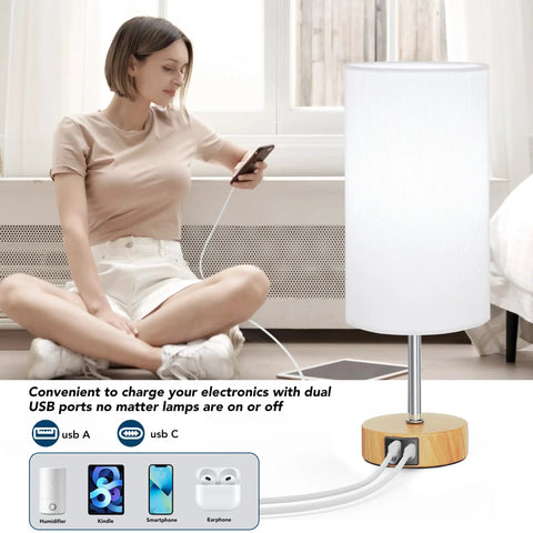 Set Of 2 Touch Control Table Lamps With 3 Way Dimming, USB Ports And AC Outlets, Modern Bedside Desk Lamps With White Shades