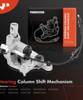 Front view of A-Premium steering column shift mechanism; silver metal body with black cable and white connector.