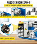 Heavy Duty 7X14 Mini Benchtop Metal Lathe Machine 550W Variable Speed Motor Digital Readout showing motor and precision chuck.