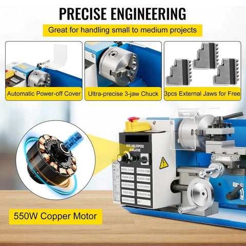 Heavy Duty 7X14 Mini Benchtop Metal Lathe Machine 550W Variable Speed Motor Digital Readout showing motor and precision chuck.