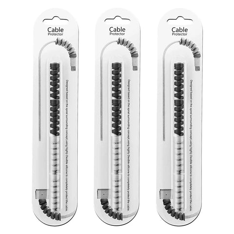 Three packs of 12 Piece Silicone Spiral Charging Cable Protectors For Micro USB And USB Cords, Gray And Black, in packaging.