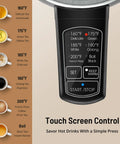 Touch screen panel of Six Preset Temperature Electric Kettle With Dope Precision Control showing preset options for different teas.