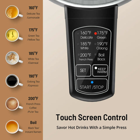 Touch screen panel of Six Preset Temperature Electric Kettle With Dope Precision Control showing preset options for different teas.