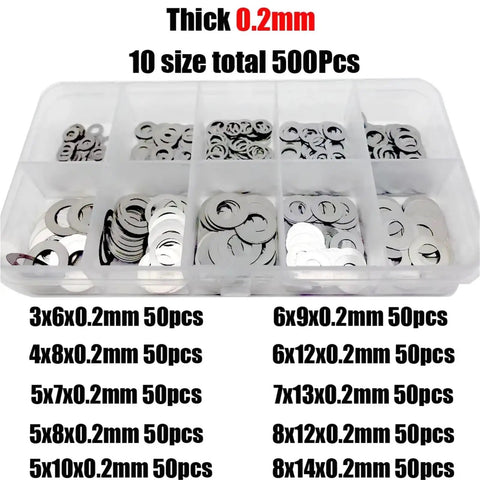 Ultra Thin Stainless Steel Flat Washer And Shim Set M2 Through M8 Gasket Assortment Kit 500 750 1200 Pcs 304 316 Stainless With Smooth Edges For Tight Fit And Compact Assemblies Pro Grade Space Saving, 0.2mm 500 pcs case