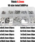 Ultra Thin Flat Washer Set For M2 To M8 Sizes In 304 Stainless Steel, Shim And Plain Gasket Assortment Kit, Corrosion Resistant, Space Saving, Smooth Edges For Tight, Compact Assemblies. 500-piece organizer tray, 0.2mm thick washers