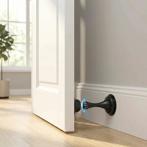 Heavy Duty Matte Black Magnetic Door Stopper 2 Pack Multi Angle Wall Guard Stops slamming doors with non-slip base attached to open door.