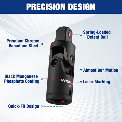 Flexible Universal Joint Socket Adapter Set For Multi Angle Access Includes One Quarter Inch, Three Eighths Inch And One Half Inch Drives Crafted From CR-V Steel With Black Phosphate Finish Built Tough For Lasting Corrosion Resistant Performance featuring precision design with spring-loaded detent ball and laser marking.