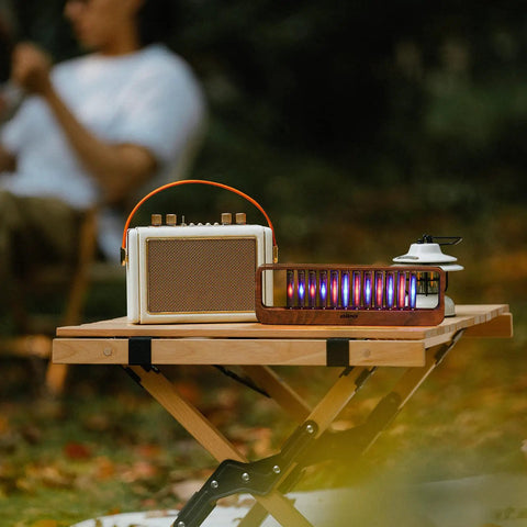 Music Sync LED Light With Spectrum Modes For Desk Use, Rhythm Pulse Ambient Lamp in Walnut Wood Finish on outdoor table