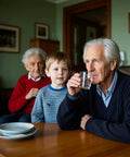 Elderly man drinking water at a table with a young boy and another older man in the background, living room setting