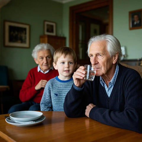 Elderly man drinking water at a table with a young boy and another older man in the background, living room setting