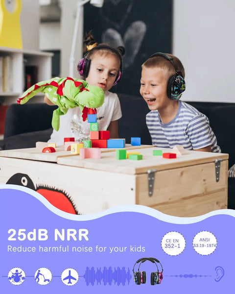 Kids wearing Kids Ear Protection Earmuffs 2 Pack For Sensory Issues Adjustable Noise Reduction Muffs Safe Non Metal Design
