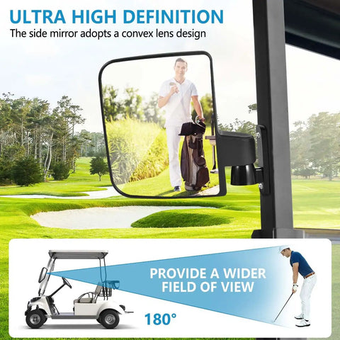 Adjustable Golf Cart Side Mirror Set With Wide 6.3 By 5.2 Inch HD Glass Durable Plastic Housing Weatherproof For Club Car EZGO Yamaha And Other Carts Anti Glare View Easy Install Safer Ride displays reflection on green golf course.