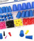 Pro Grade 100 Piece Silicone Rubber Tapered Plug Set showing various sizes and colors in case for masking holes during coating