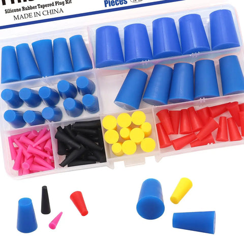 Pro Grade 100 Piece Silicone Rubber Tapered Plug Set showing various sizes and colors in case for masking holes during coating
