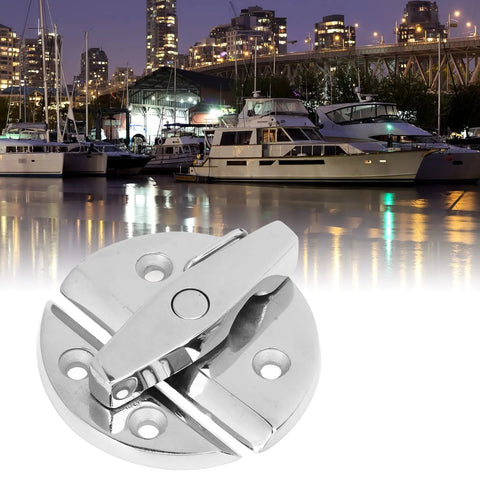 Round marine-grade stainless steel boat twist latch with mirror finish.