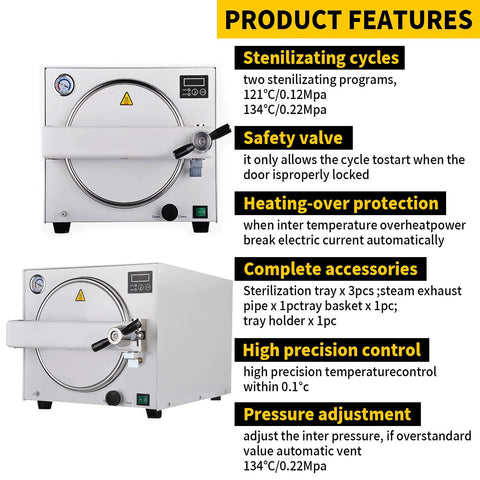 Front view of 18L stainless steel lab autoclave with circular door and digital control panel
Side view of 18L stainless steel lab autoclave with circular door and side exhaust area