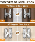 90 And 180 Degree Barn Door Lock And Latch In Zinc Alloy With Rust Proof Coating For Cabinet Bathroom Garage Wooden Fence Pet Gate And Shed Sliding Flip Lock Hardware Includes A Two And A Half Millimeter Spacer 2 Pack installed view showing two types of installation instructions for left and right mounting.