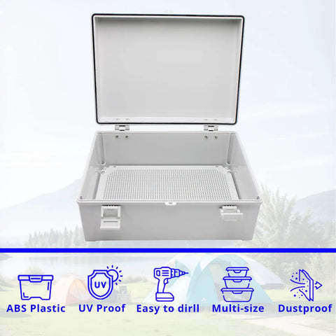 Open Tough As Nails Outdoor Weatherproof Electrical Box With Internal Mounting Panel in landscape setting, features shown.