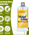 Front view: Flinemon Metal Glue bottle with yellow label, fast cure epoxy, 1.76 fl oz