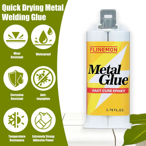 Front view: Flinemon Metal Glue bottle with yellow label, fast cure epoxy, 1.76 fl oz