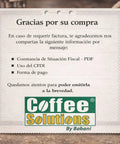 Gracias por su compra message on paper with Coffee Solutions logo, background of coffee beans and a cup.