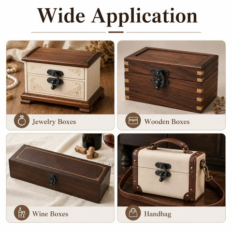Four wooden and leather boxes with Small Swing Arm Latch Sets For Wooden Boxes And Jewelry Boxes Metal Clasp With Mounting Screws