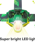 Front view of Dinosaur Roaring Headlamps For Kids With LED Light Fun Camping Flashlight, featuring super bright LED light