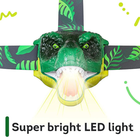 Front view of Dinosaur Roaring Headlamps For Kids With LED Light Fun Camping Flashlight, featuring super bright LED light