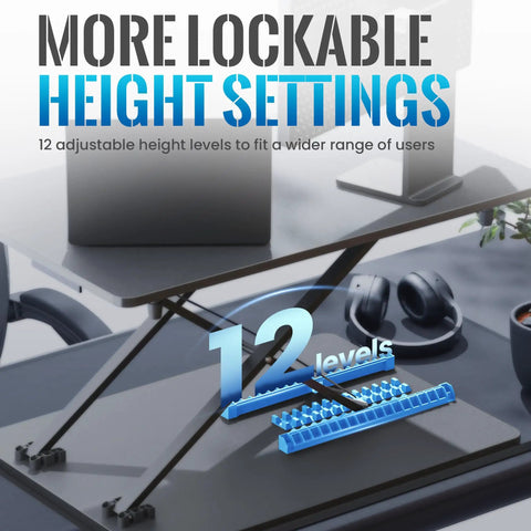 Ergonomic Standing Desk Converter With Quick Height Adjustment, 12 lockable height settings, black sit stand laptop and monitor stand.