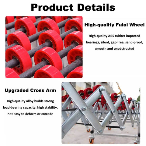 Close-up of red Fulai wheels and cross arm on Wide Adjustable Unpowered Conveyor Table With Flexible Rollers, Workhorse Extendable Length From 11.8 To 66.9 Inches, Height Adjustable From 31.5 To 47.2 Inches, Portable Warehouse Roller For Freight Handling