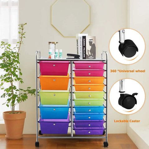 15 Drawer Rolling Storage Cart With Lockable Wheels A Handy Multipurpose Rainbow Organizer For Home Office And School With Top Shelf For Easy Sorting And Grab And Go Access, shown with drawers in various colors in a home setting.