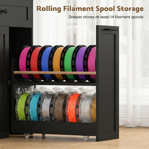 All In One 3D Printer Cabinet With Slick Rolling Filament Storage Drawer For Large Printers And Sweet Workshop Setup Heavy Duty Frame Holds Twenty Spools Smooth Glide Bin Keeps Your Maker Gear Dope And Tight So You Can Just Focus On Printing