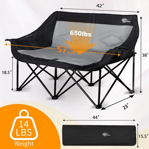 Two Person Camping Chair Loveseat Heavy Duty Double Folding Camp Couch For Adults With Wide Armrests And High Back Black