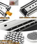 Beefy 32 Inch Full Extension Drawer Slides with lock and ball bearing glides shown in detail with safety lock and steel balls.