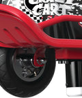 Close-up of 24V Electric Drifting Go Kart with Drift Bar showing pneumatic front tire and anti-tip front caster, black and red design.