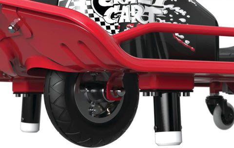 Close-up of 24V Electric Drifting Go Kart with Drift Bar showing pneumatic front tire and anti-tip front caster, black and red design.