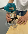 Six Inch Round Clear Acrylic Router Base Plate Straight Swap For RT0701C Or XTR01Z Models shown mounted on a router for precision work.