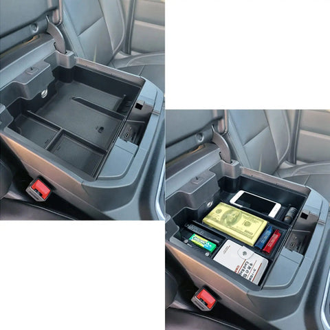 Center Console Organizer Tray For Full Size Trucks Fits Silverado 1500 Sierra 2500HD 3500HD With Bucket Seats Black Durable ABS Plastic Easy Install In Cabin Storage Boost For Your Ride, showing empty and filled compartments.