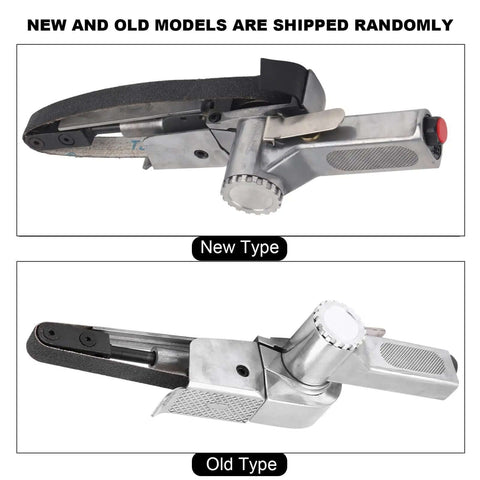 New and old 20mm Pneumatic Air Belt Sander Polisher For Metal Wood Plastic, Compact Belt Grinder shown side by side.