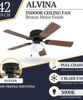 42 Inch Indoor Ceiling Fan With Light LED Flush Mount 5 Blades Bronze Finish With Light Cherry And Maple Brown Blades