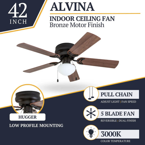 42 Inch Indoor Ceiling Fan With Light LED Flush Mount 5 Blades Bronze Finish With Light Cherry And Maple Brown Blades
