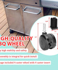 Locking Caster With Insert Replacement Wheel Set for BBQ grills shown with measurements and assembly parts on a Genesis grill setup