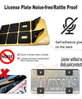 Self-adhesive noise-reduction rattle proof pads for license plate protection, with placement and installation diagram shown.