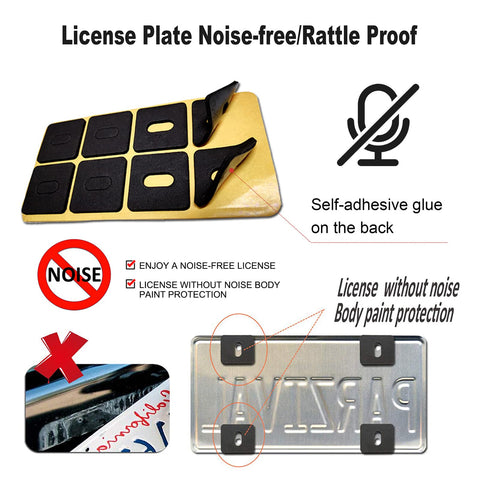 Self-adhesive noise-reduction rattle proof pads for license plate protection, with placement and installation diagram shown.